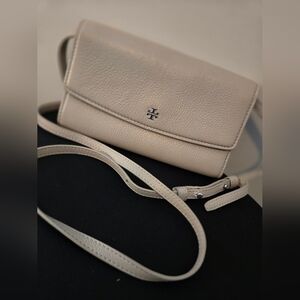 Tory Burch Robinson Pebbled Mini Flap Wallet Cross Body  Taupe Size OS